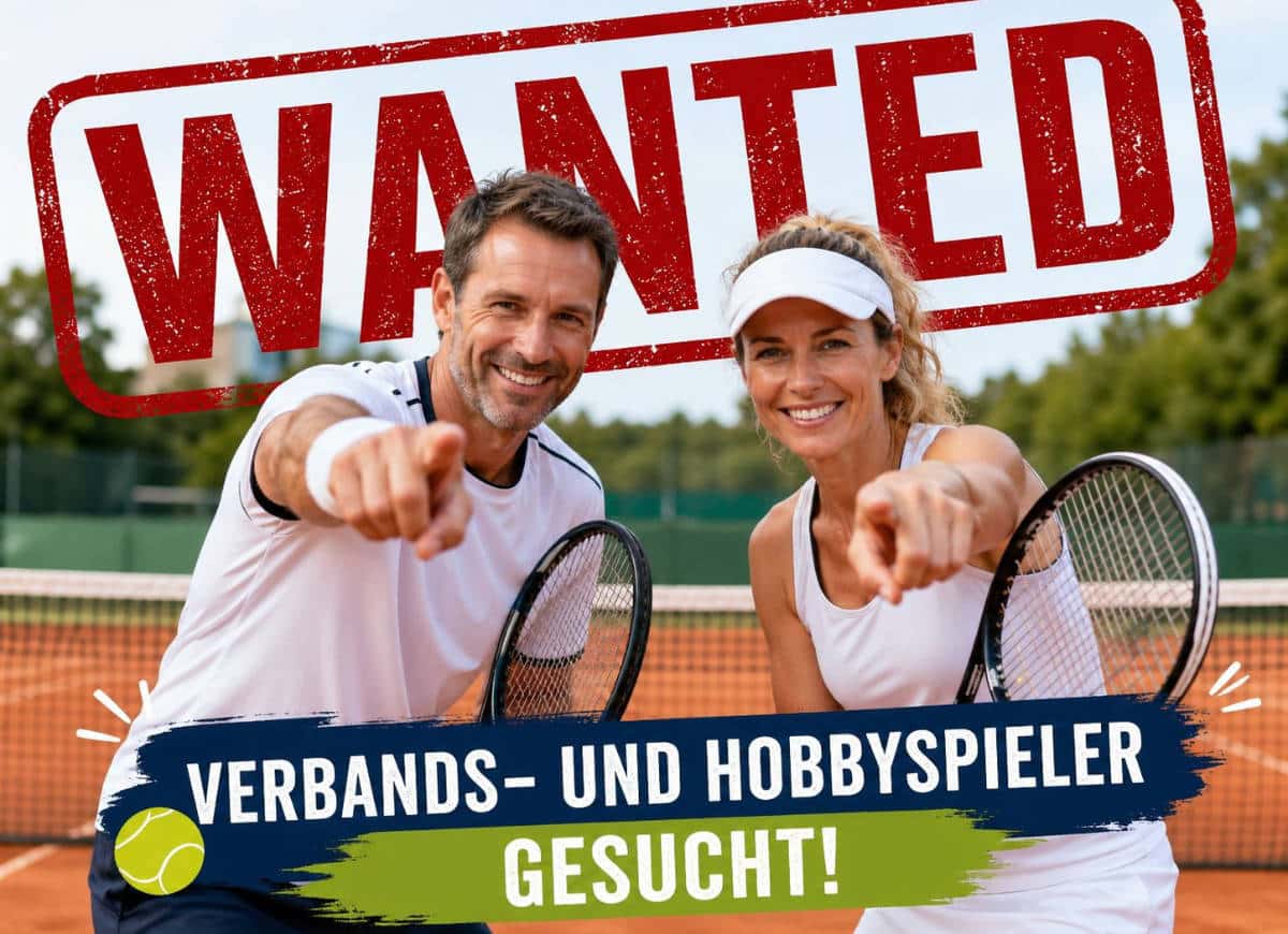 Zwei TennisspielerInnen zeigen auf den Betrachter. Text: Wanted - Verbands- und HobbyspielerInnen gesucht.