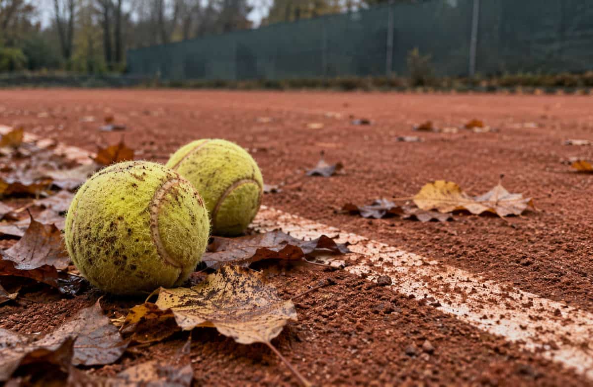 Tennisbälle auf einem herbstlichen Sandplatz